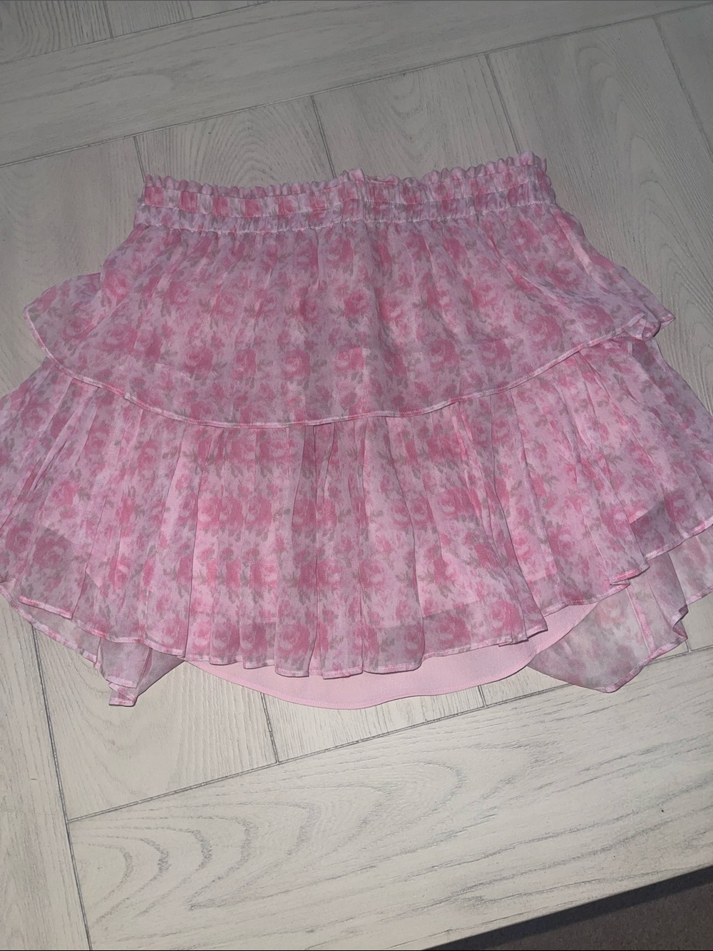 LoveShackFancy Pink Floral Layered Chiffon Skirt